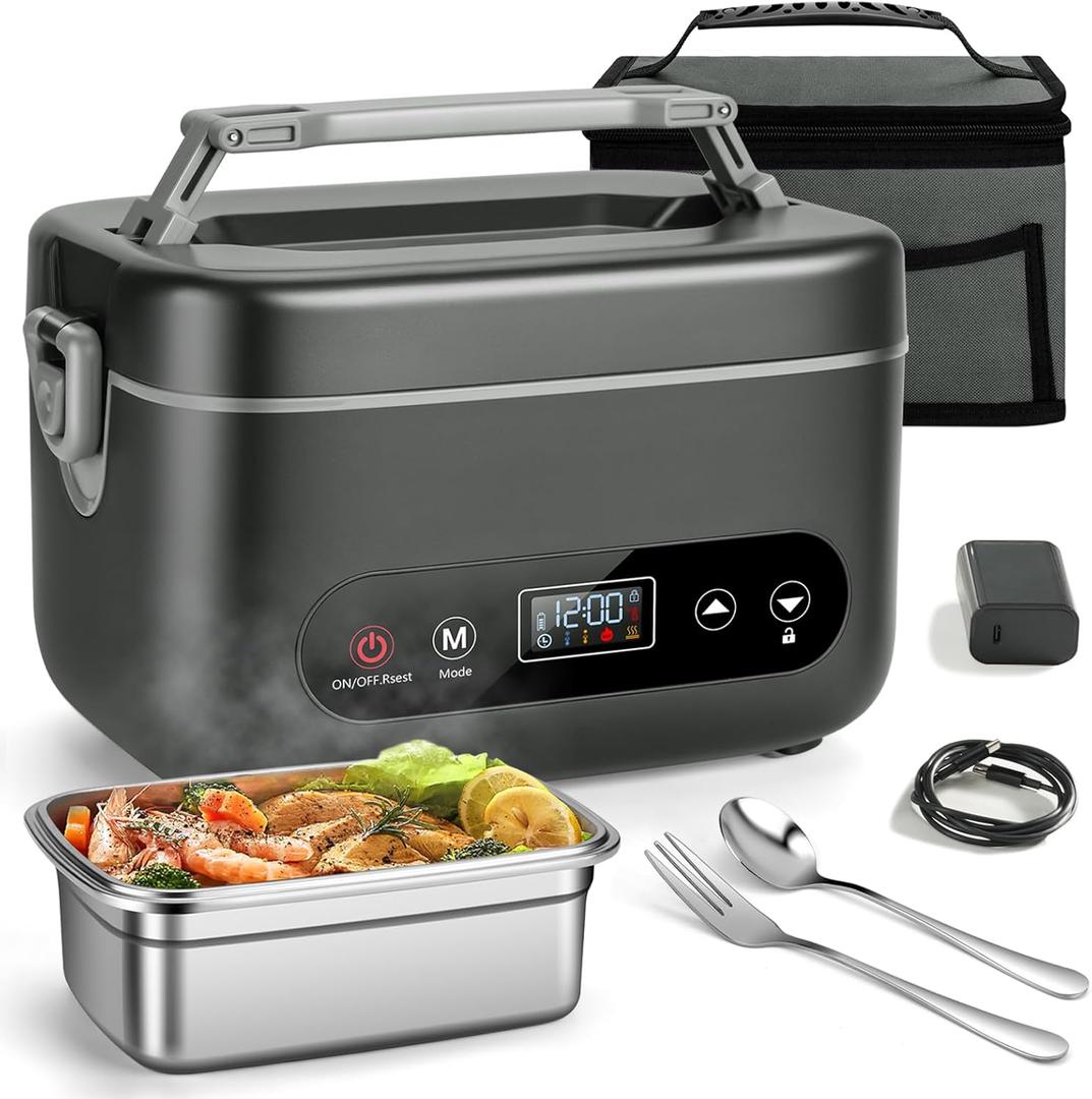 Electric Lunch Box for Men, 1.2L Cordless Heated Lunch Box, 24000mAh Rechargeable Portable Food Warmer with Auto Temperature Control, 5-Sided Heating, Leakproof, for Office, Outdoors & Truck, Black