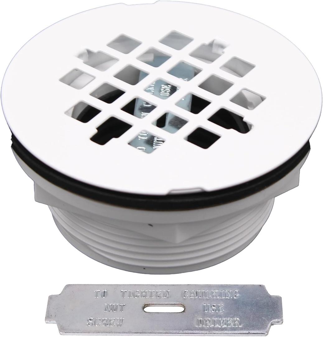 Westbrass D206P-50 2" No-Caulk PVC Compression Shower Drain with 4-1/4" Round Grid Cover, Powder Coat White
