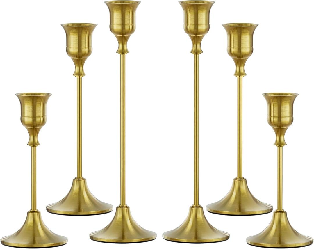 FSyueyun 6 Pcs Brass Candle Holders, Elegant Metal Taper Candle Holders Set, Modern Candlestick Holders for Table Centerpiece, Fireplace Mantel, Wedding, Christmas Home Decor and Housewarming Gift