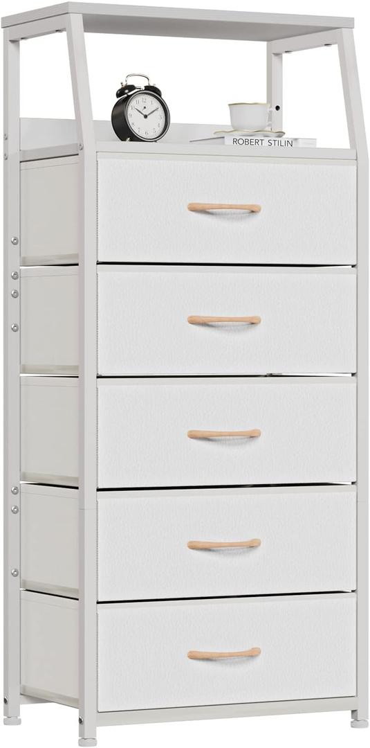 Furnulem White Dresser with 5 Drawers, Vertical Storage Tower Fabric Dresser for Bedroom, Hallway, Entryway, Nursery, Closet Organizer, Nightstand Bedside Table Furniture, Sturdy Steel Frame, Wood Top White