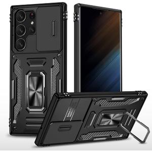 for Samsung Galaxy S23 Ultra Case with All-Angle Rotating Kickstand & Sliding Camera Cover-Heavy Duty Shockproof Protective Cover,Black