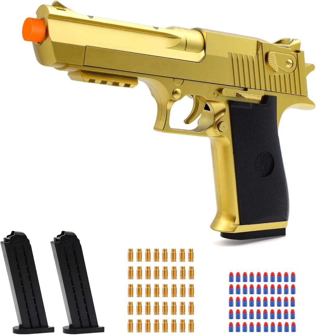 Gold Soft Bullet Toy Gun Shell Ejecting for Boys, Shooting Game Toy Pistol with 50 Foam Bullets, 40 Shells & 2 Clips, Ideal Christmas Birthday Gift for Boys Adults