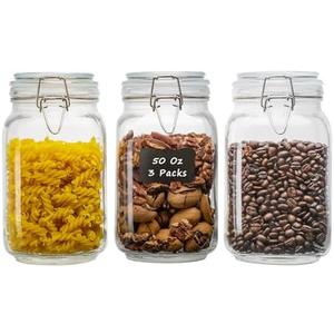 LOOIOOJ 50oz Square Glass Food Storage Jars with Airtight Clamp Lids, 3 Pack Large Kitchen Canisters for Flour, Cereal, Coffee, Pasta and Canning, Mason Jar (Clear 50oz Square - 3 sets)