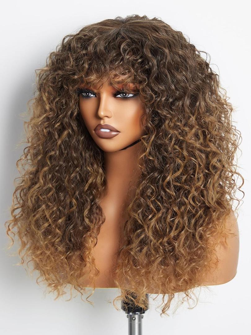 GORGIUS Veralux Blend Shaggy Haircuts Ombre Curly Wig with Bangs Honey Colored Wig Crafted with Style-Archive Technology: Premium Fiber & Remy Human Hair Blended, Realistic Look with True Scalp (20 Inch,Honey Colored)