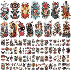 Cerlaza 79 Sheets Classic Temporary Tattoos for Adult Women Men, American Old School Fake Tattoos Sleeve, Realistic Traditional Colorful Flower Animal Half Arm/Tiny Christmas Tattoo Stickers
