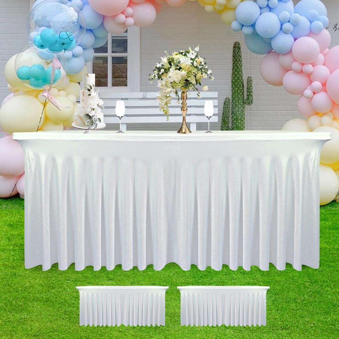 2 Pack - White Spandex Table Skirt for 8ft Tables (96" L x 30" W x 30" H) | Stretch, Washable & Wrinkle-Resistant Fitted Cover | Banquet, Birthday Party Decor