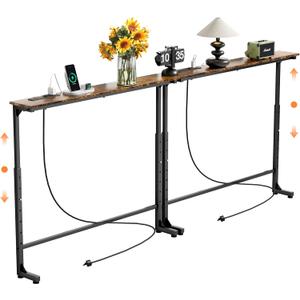 GRLEAF 2 Pack Adjustable Height Narrow Console Table with Power Outlets, 78.7" Long Sofa Table with Charging Station Behind Couch Table Entryway Table for Living Room and Hallway Rustic Brown
