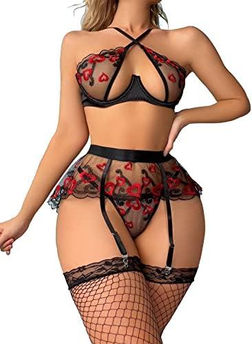WDIRARA Women's Sexy Lips Print Criss Cross Lace Mesh Cut Out Garter Belt Lingerie Set with Stocking, Size XL