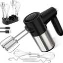 Cordless Electric Hand Mixer, 7 Speed Rechargeable Wireless Handheld Mixer with Eject Button, Long Battery, Quiet Anti-Splash, 6304 Stainless Steel Attachments & Storage Base for Baking (Black)