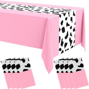 Remagr 8 Pcs 54 x 108 Inch Cow Print Tablecloth Party Decor Western Table Runner Cowboy Cowgirl Plastic Rustic Disco Table Cover Highland My First Rodeo Baby Shower Farm Holiday (Pink)