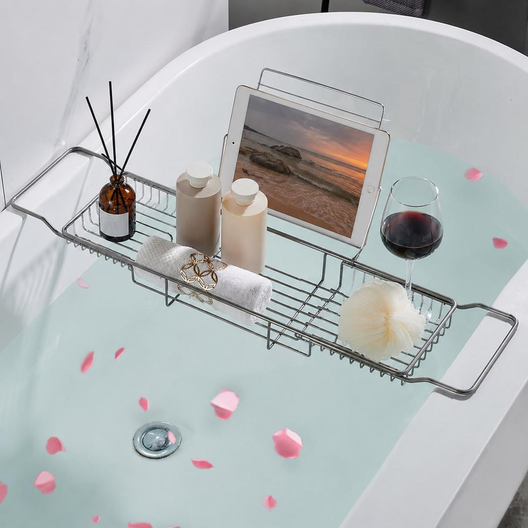 Stainless Steel Bathtub Caddy Tray, Expandable Bath Tub Table, Adjustable Bathroom Tray, Bath Organizer Tub Shelf,Silver,26.8~35.4in
