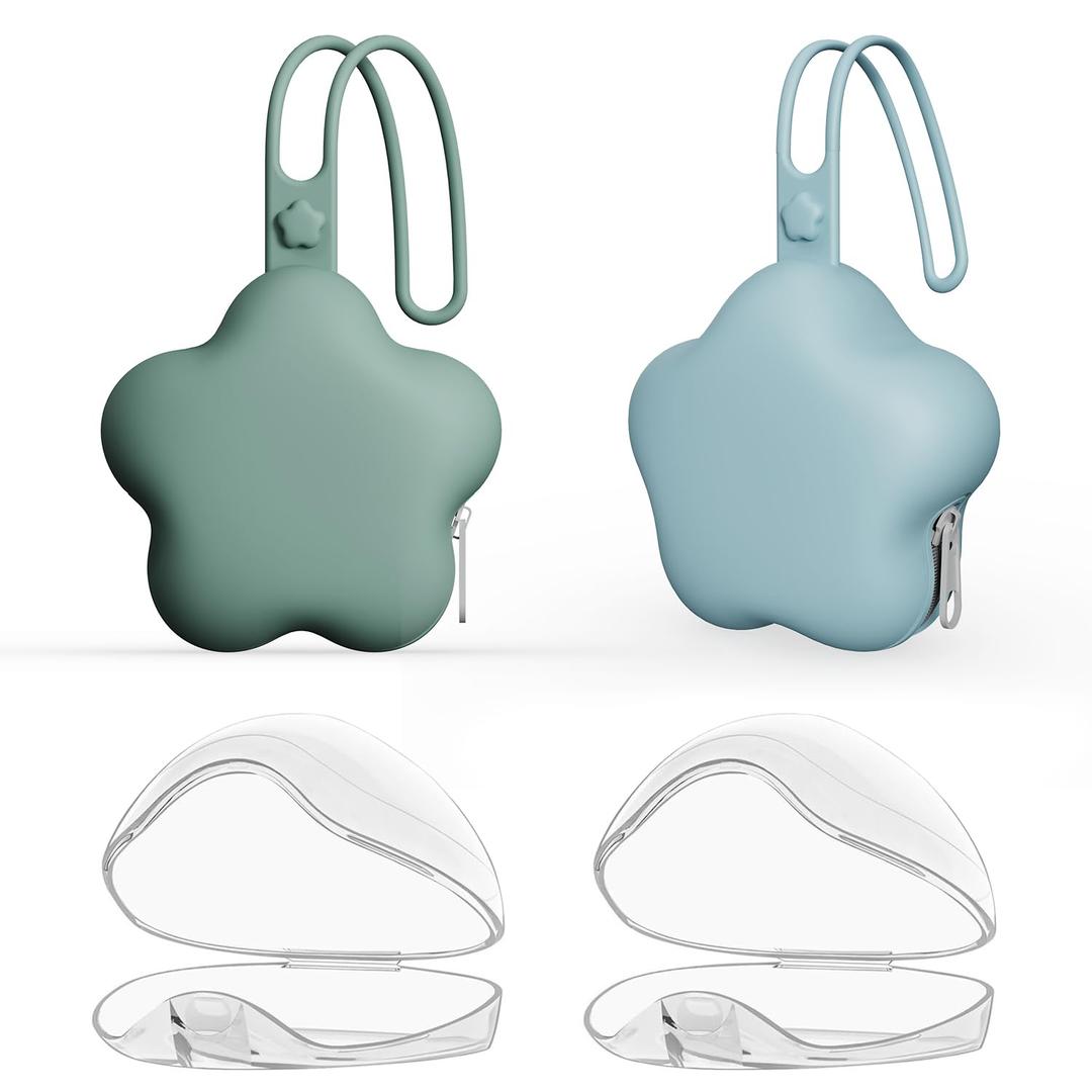 4 Pack Pacifier Holder Case,2pcs Silicone Portable Pacifier Pouch and 2pcs Transparent Nipple Holder Case Container, On-The-GO Pacifier Storage Container Box,BPA Free, Easy to CleanGreen+Blue