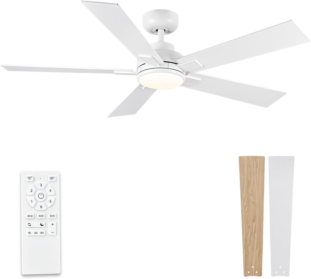 Modern Ceiling Fans with Lights - 52 inch Outdoor White Ceiling Fan with Light and Remote, Reversible DC Motor, 6-Speed Quiet 3CCT LED Dimmable for Bedroom, Indoor and Outdoor, Patios , ETL Listed