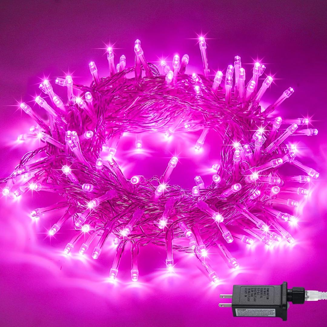 JMEXSUSS Connectable 100 LED Pink Christmas Lights, 33ft 8 Modes Room Lights Clear Wire, Plug in Pink String Lights Indoor Outdoor for Room Decor Christmas Tree Bedroom Valentines Party