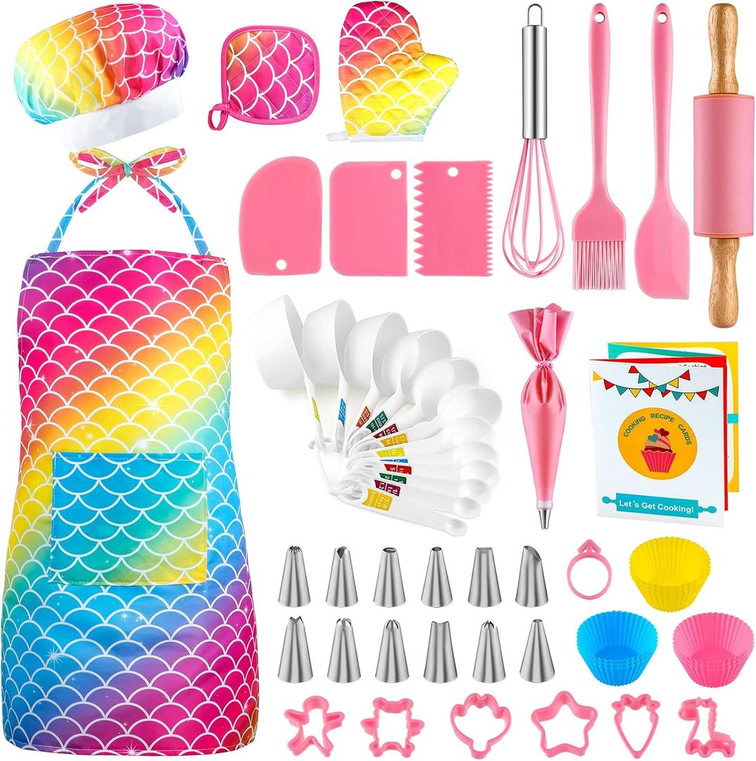 GIFTINBOX Kids Cooking and Baking Set, 54 PCS Complete Kit with Apron and Chef Hat, Real Cooking Utensils and Kitchen Accessories for Junior Chef, Ultimate Baking Gift for Girls Boys