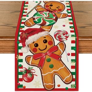 Artoid Mode Gingerbread Candy Cane Christmas Table Runner, Seasonal Winter Kitchen Dining Table Decoration for Home Party Decor 13x90 Inch (Red)