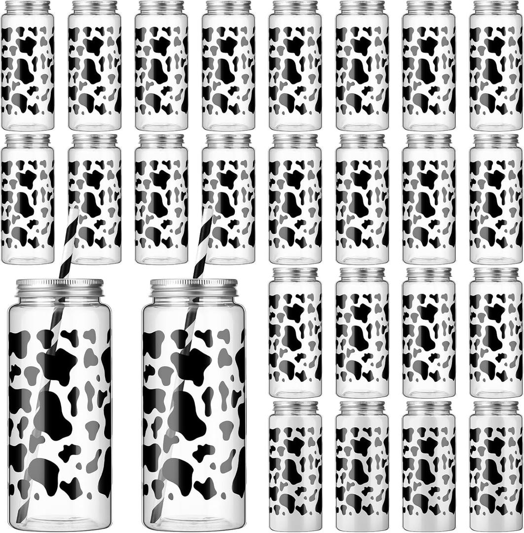 Chuangdi 24 Sets 14 oz Cow Theme Plastic Milk Bottles with Straws and Metal Lids 24 Plastic Bottles 25 Paper Straws Tumbler Reusable Jar Containers for Baby Shower Birthday Supplies(Black,cow)