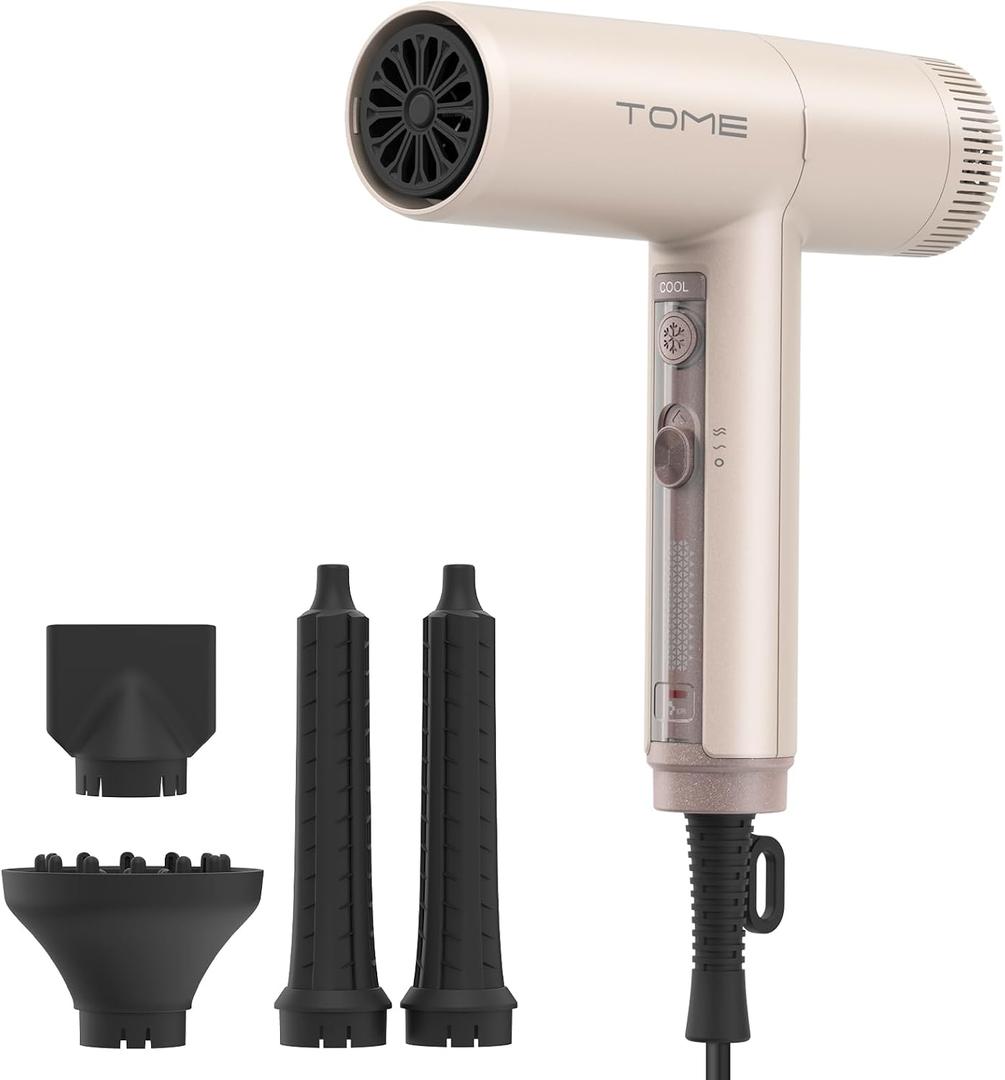 TOME Hair Dryer, 1875W High-Speed EC Motor 110,000 RPM Ionic Blow Dryer, Fast Drying, Cool Shot Lock, 3 Heat 2 Speed, 3 Attachments (Styling Nozzle, Comb Nozzle, Diffuser), 125V,Pink