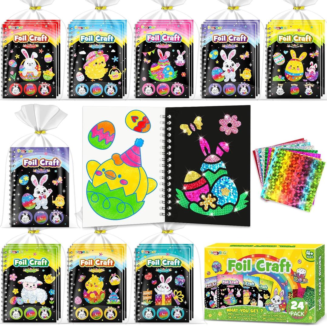 FUNNYB&G Foil Art Party Favors for Kids - 24 Pack Foil Art Crafts Kits Coloring Books, Goodie Bag Stuffers Party Favors for Kids 4-8 8-12, Bulk Easter Classroom Gifts Girls Boys Prizes (Easter)