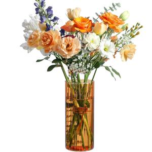 ComSaf Glass Cylinder Vases, Bud Vase for Centerpieces, 8 Inch Tall Ribbed Vase Hurricane Floating Candle Holder, Decorative Flower Vases for Wedding Reception, Home Decor, Housewarming Gift (Amber)