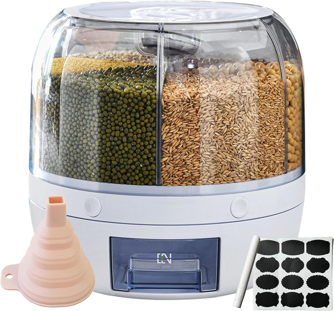 Rotating grain distributor, 6-grid large rice storage container for storing rice, beans and cat food, sealed and moisture-proof, large size.