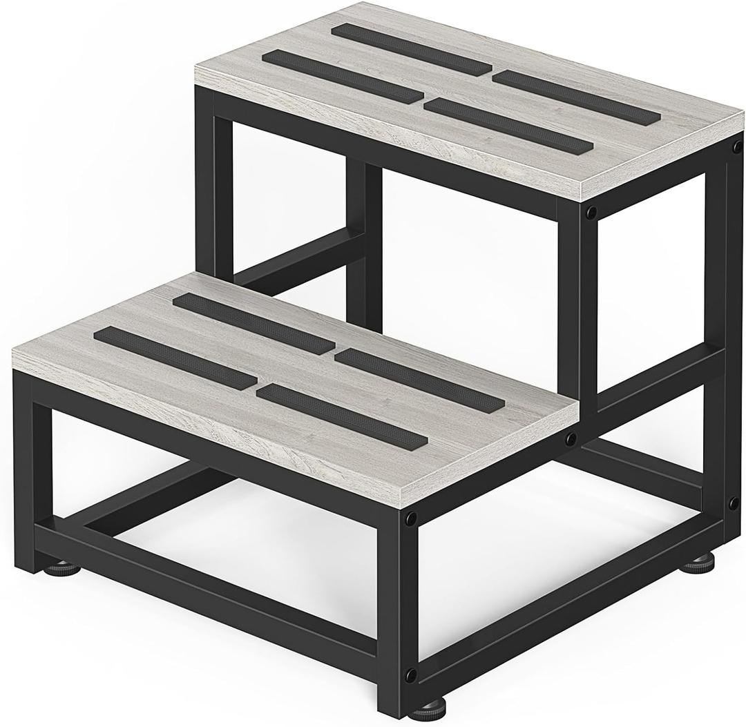 LIANTRAL Step Stool for Adults & Kids, Heavy Duty Wooden Stepping Stools, Bedside Foot Stool with 500lbs Load Capacity, Non-Slip 2 Step Stool for Bed, Kitchen, RV - Gray