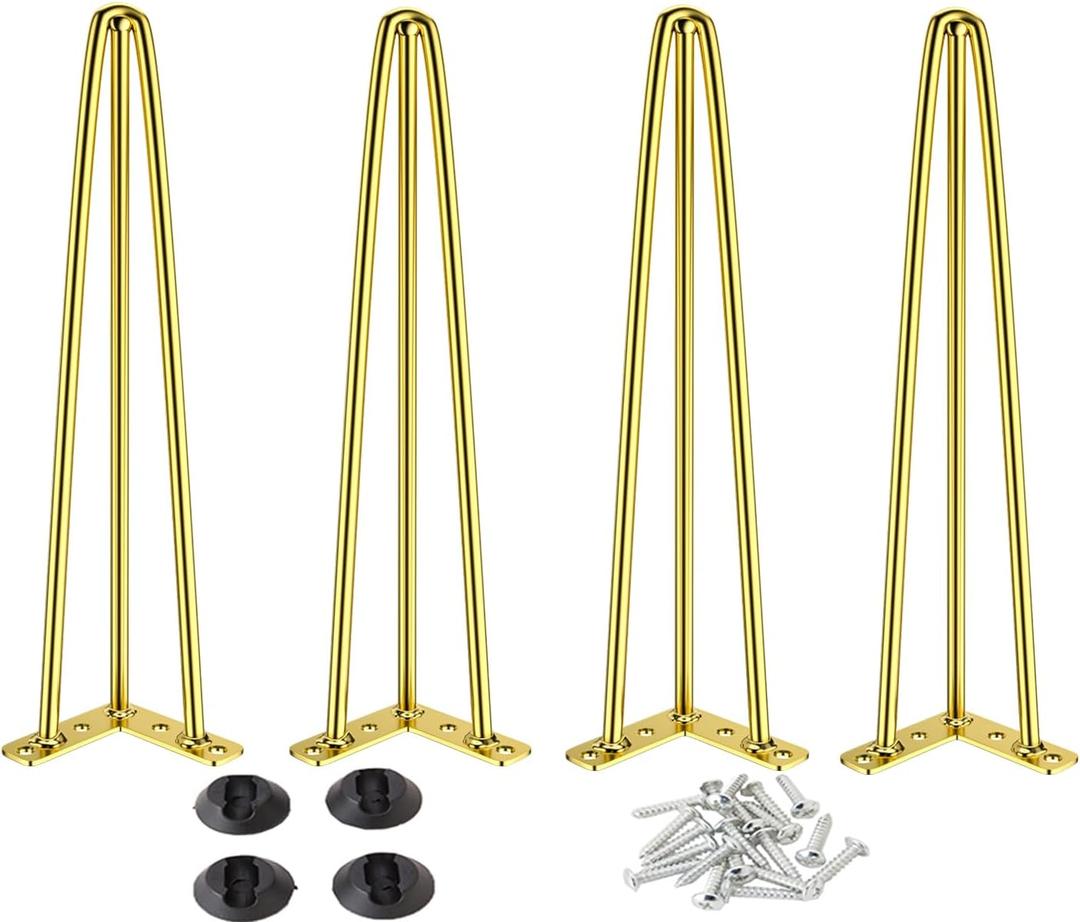 Osring 34 Inch Hairpin Table Legs with 1/2” Dia 3-Rods, Metal Furniture Legs for Coffee Table and TV Stand, Mid-Century Gold Hairpin Feet with Floor Protector, 4 Pack