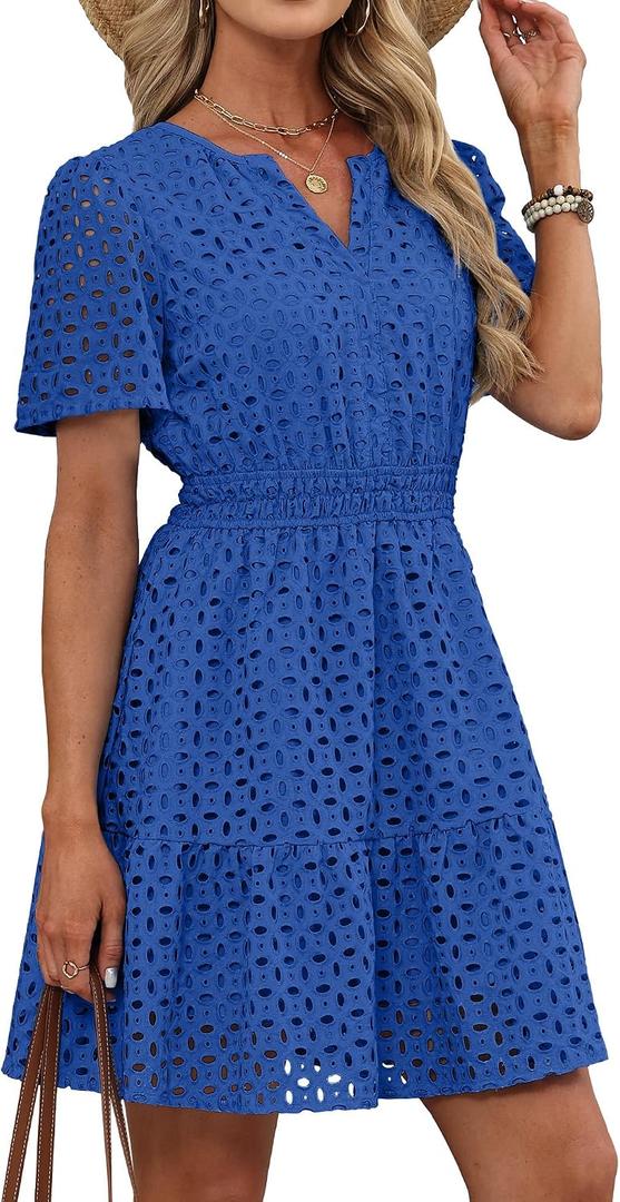 RUMIA Womens Dresses 2026 Summer V Neck Eyelet Lace A Line Short Dress XL