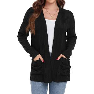 GRECERELLE Black Womens Long Sleeve Open Front Cardigans Sweater Casual Ribbed Knit Jackets Outerwear with Pockets, S, Black