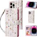 UEEBAI Wallet Case for iPhone 15 Pro Max, PU Leather Phone Case Kickstand RFID Blocking Flip Case Card Slots Wrist Strap Relief Engraved Pattern Magnetic Closure Flower Folio Case, Vine