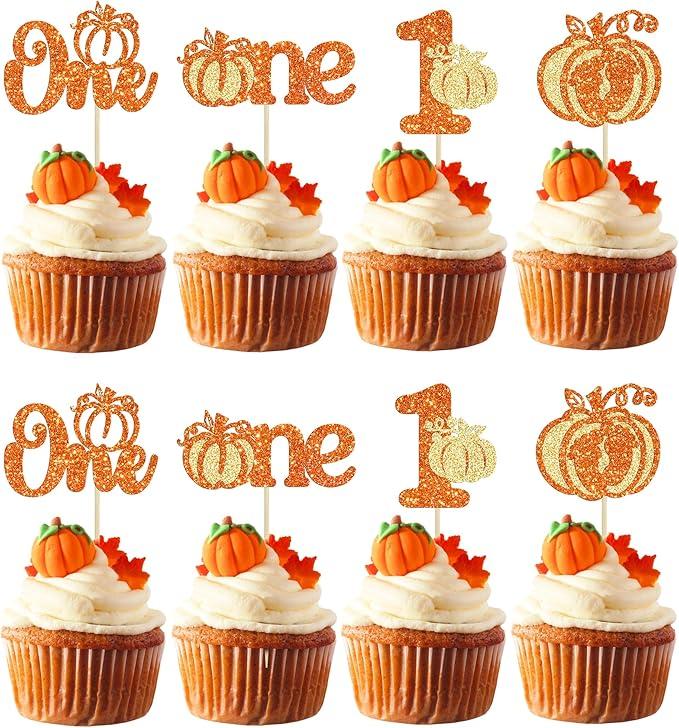 Gyufise 24Pcs Pumpkin One Cupcake Toppers Glitter Pumpkin 1st Birthday Cupcake Picks for Fall Theme Baby Shower Kids First Birthday Party Cake Decorations Supplies Orange