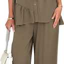 KIRUNDO Two Piece Sets for Women Spring Outfits 2026 Summer Fall Dressy Casual Button Down Shirt Wide Leg Pants Lounge Set, XL, Khaki