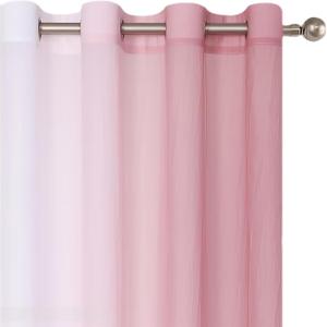 Purainbow Chiffon Sheer Ombre Curtains for Living Room, Grommet Special Crinkle Gradient Pink Semi Sheer Window Treatments Privacy with Light for Bedroom Kids Room, All Season, 52"x63"x2