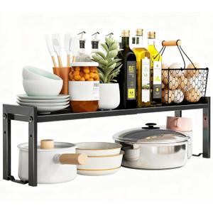 Expandable Cabinet Shelf Organizer 16-26" L Stackable Kitchen Counter Shelf Rack Sink Riser Countertop Storage Black (Normal 7.9D)