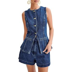 Women's Denim Long Vest Waistcoat Sleeveless Button-Up Back Slit Jean Jacket Y2k Clothes, XL