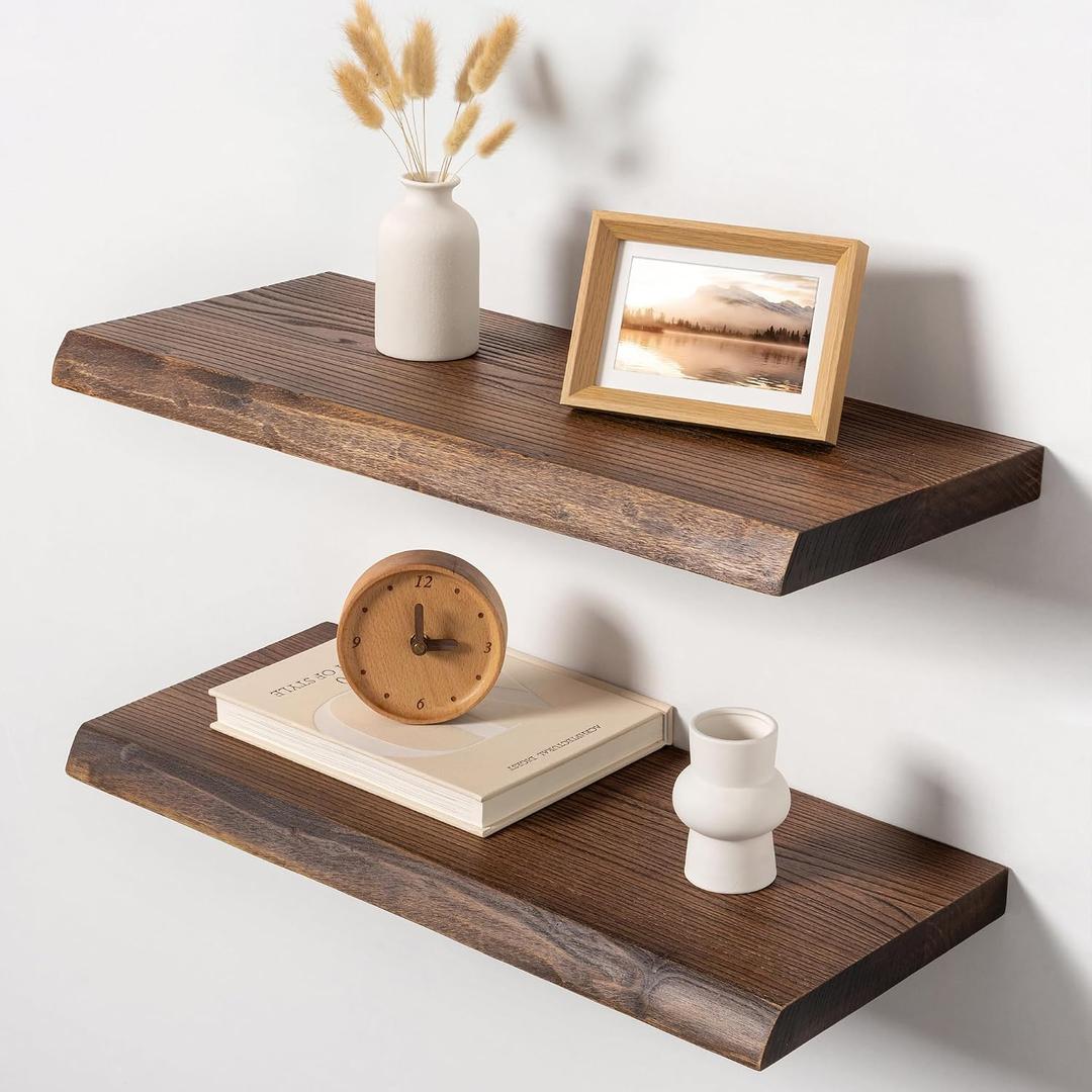 Realgulf 24 Inch Live Edge Floating Shelves, Solid Elm Wood Shelf, Set of 2, Vintage Weathered