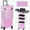 Professional Rolling Makeup Case with Wheels, 5-in-1 Makeup Train Case, Cosmetic Makeup Trolley Cart Travel Cosmetology Case On Wheels with Key for Hairstylists, Nail Tech (Pink Crystal)