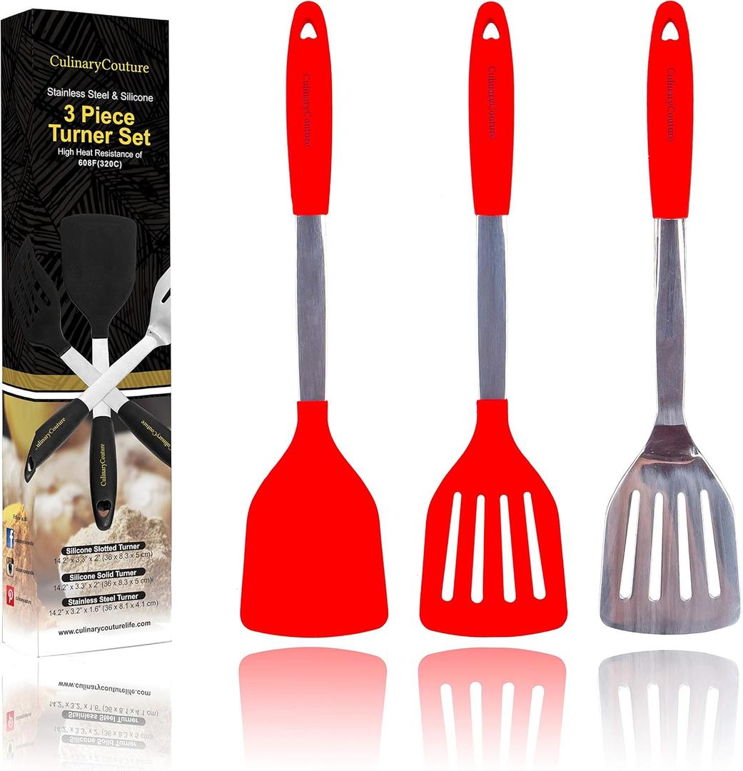 Red Stainless Steel Spatula Set  Includes Slotted Spatula, Silicone Turner, Metal Spatula - Heat Resistant Silicone Turner Set  Metal Spatulas for Kitchen use, BBQ, Grill