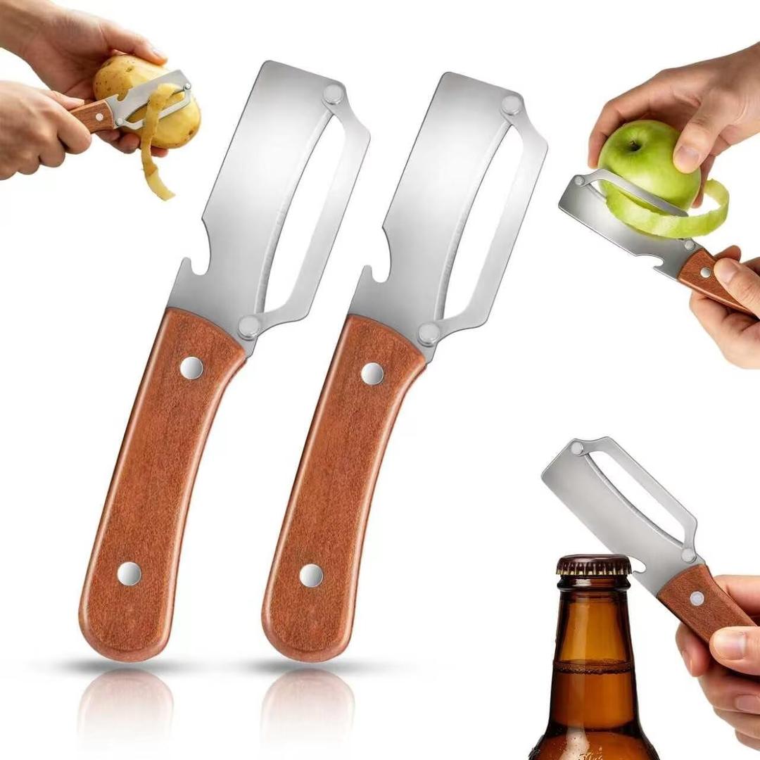 Multifunctional Vegetable Potato Peeler for KitchenWooden-Handled Stainless Steel Sharp Peeler Knife with Built-In Bottle Opener for Veggie, Fruit, Potato, Carrot, Apple Ergo 2PCS