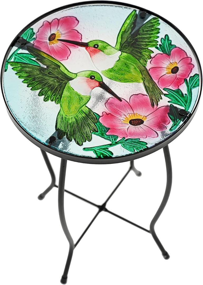 Home-X Hummingbird Glass Side Table with Iron Stand, Hand-Painted Accent Table and Patio Decor, Metal and Glass Table for Garden or Front Porch, 17 " L x 11 " D