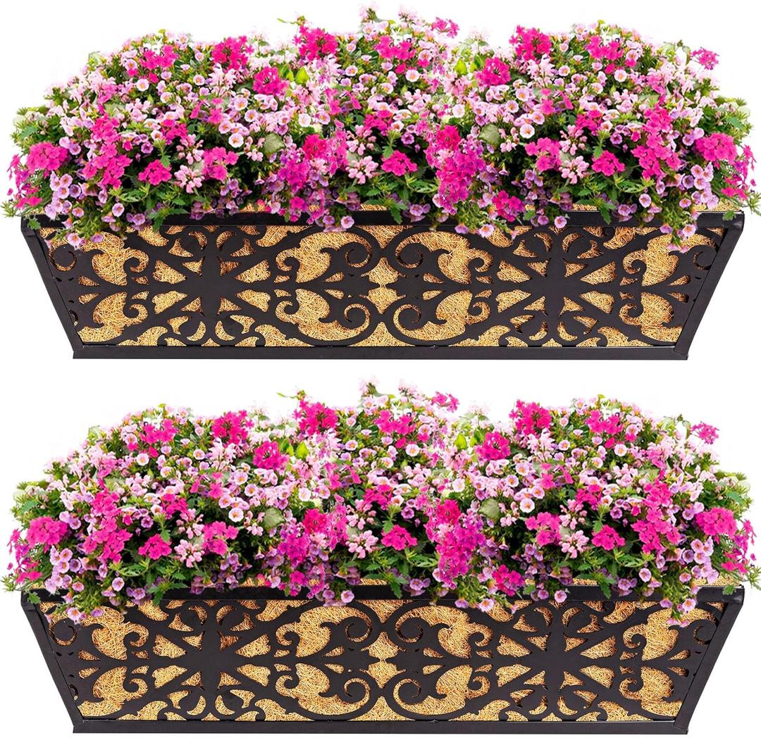 2 Pack 24 Inch Window Boxes Planters Railing Planter Box with Adjustable Brackets & Coco Liners Fabric Plant Grow Bags Deck Railing Planter Boxes Balcony Hanging Flower Box for Outdoor Plants