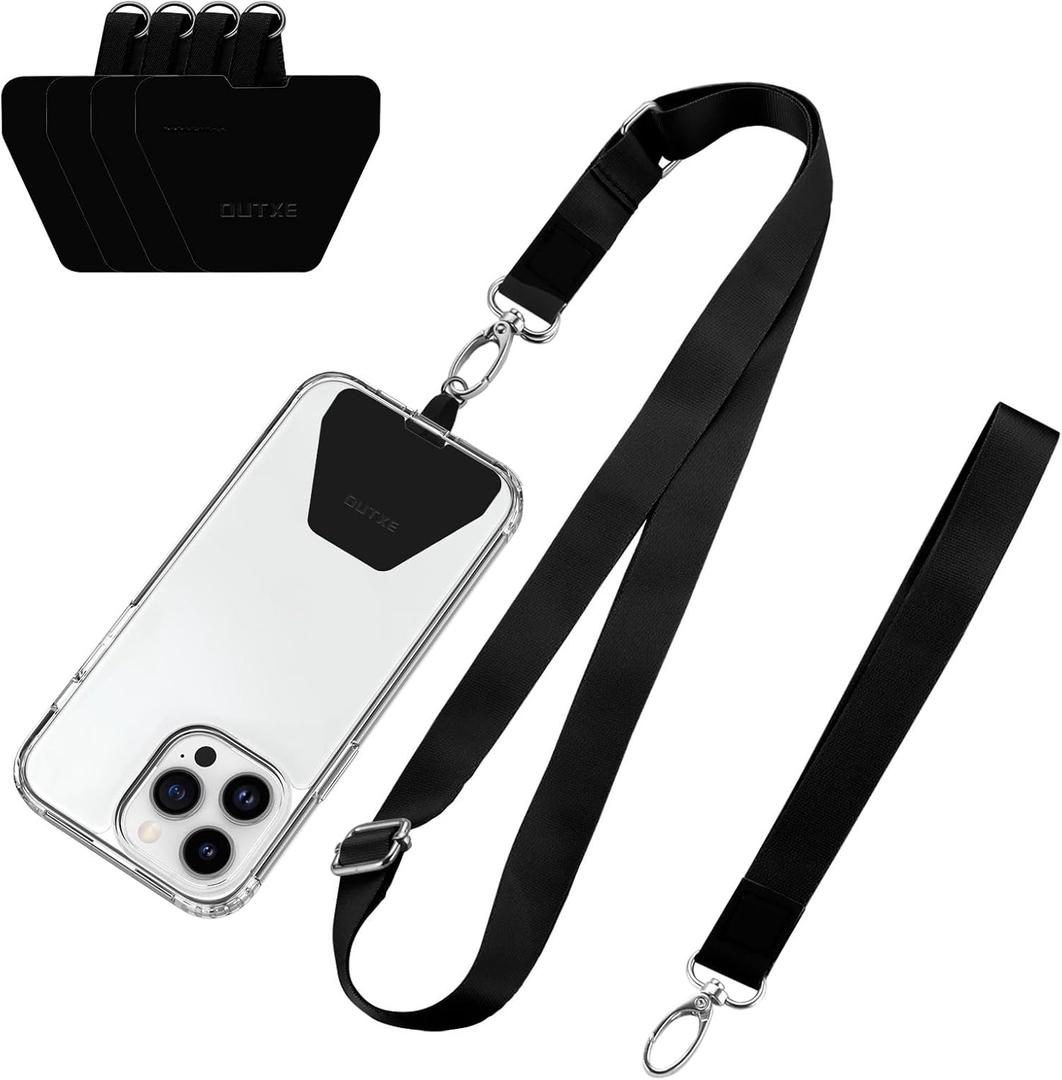 OUTXE Phone Lanyard - 4 Pads, 1 Adjustable Neck Strap, 1 Wrist Strap, Nylon Lanyard Compatible with All Smartphone