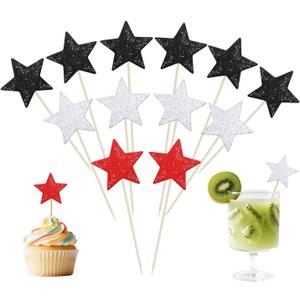 ONLYKXY 30pcs Glitter Star Cake Cupcake Toppers Toothpick Flag Cute Food Appetizer Decor Funny Stick Picks DIY Marker Tag Sign for Theme Party Bride Shower Birthday Wedding (Black & Red & Silver)