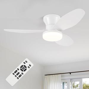 Small White Ceiling Fan with Light - 35 Inch Flush Mount Ceiling Fan with Lights and Remote, Low Profile Ceiling Fans with 3 Reversible Blades, 6 Wind Speeds, Ceiling Fans for Bedroom Kitchen