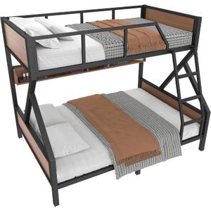 Bellemave Full XL Over Queen Size Bunk Bed with Storage Shelves and LED Lights,Heavy Duty Adult Bunk Beds with Angled Ladder,Metal Queen Bunk Bed,Black