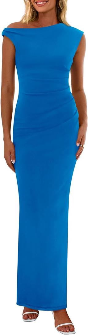 PRETTYGARDEN Women's 2026 Summer Formal Maxi Dresses Sleeveless One Shoulder Bodycon Ruched Mesh Wedding Guest Cocktail Dress (Blue, XL)
