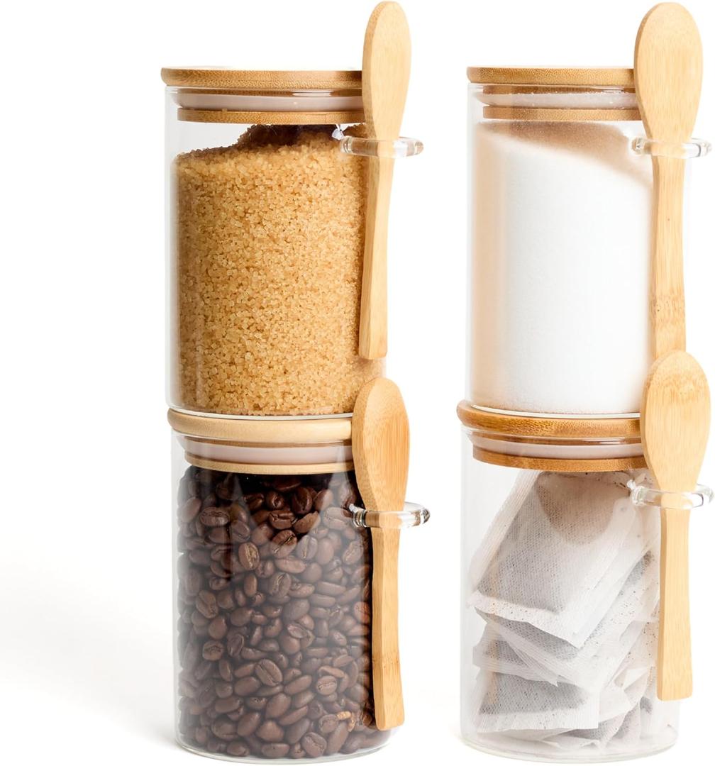 Set of 4 Glass Pantry Storage Containers with lids (17oz)  Glass Sugar Container with Spoon perfect for -Tea, Coffee, Sugar, Spices & More  Stylish Kitchen Food Storage Containers
