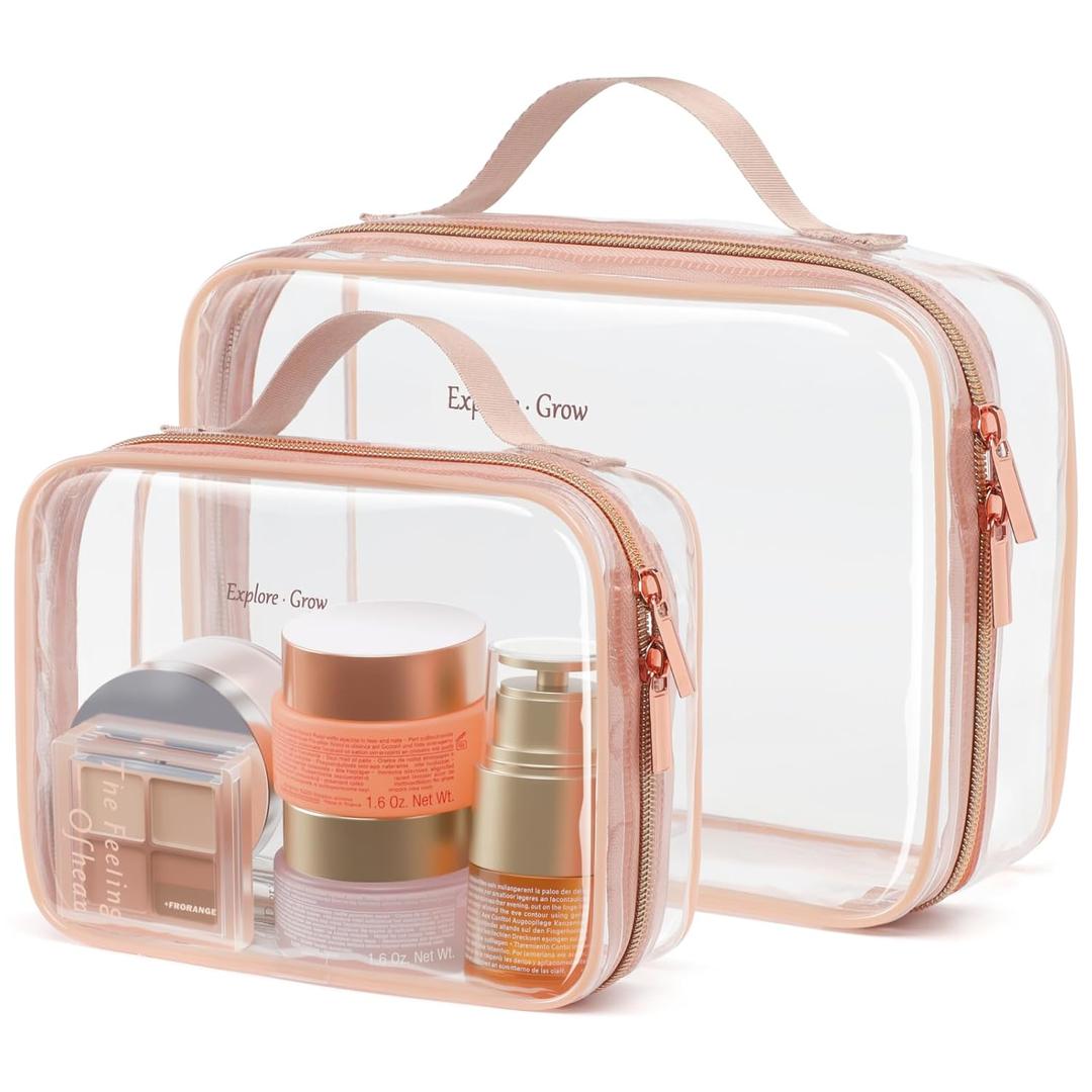 PACKISM Clear Makeup Bag Combo Pack, 1 TSA Approved Medium & Large for Checked Luggage, Clear Toiletry Bag with Handle, Water-resistant Travel Essentials Organizer, Rose Pink (Full Vacation (Mixed Sizes))