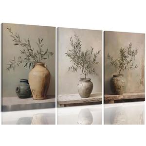 3Pcs Framed Vintage Vase Canvas Wall Art Green Rustic Olive Branch Wall Decor Pictures Antique Still Life Plant Posters Paintings Prints for Bedroom Living Room Kitchen Artwork Home Decoration