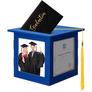 Menkxi 2026 Wooden Graduation Card Box Holder for Party with Picture Frame Graduation Cap Shaped Gift Card Box Decorations with Tassel for Grad College Party Favors(Blue)